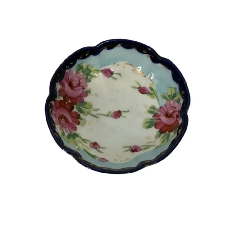 2 Trinket Dishes Blue Floral (1 Dish Footed) Japan